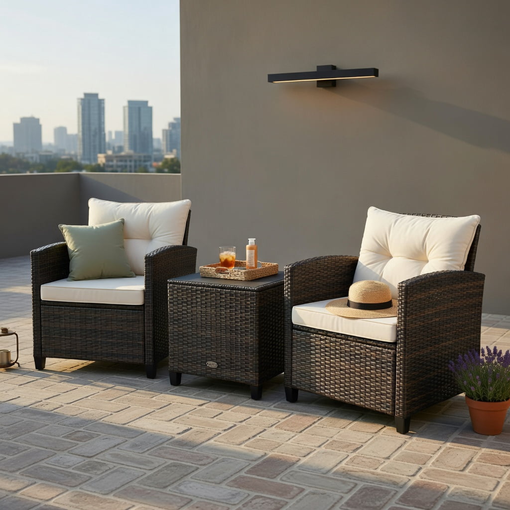 Hommoo 3-Piece Outdoor Rattan Patio Furniture Set with Cushions, Wicker Conversation Set Including 2 Chairs & 1 Coffee Table, White