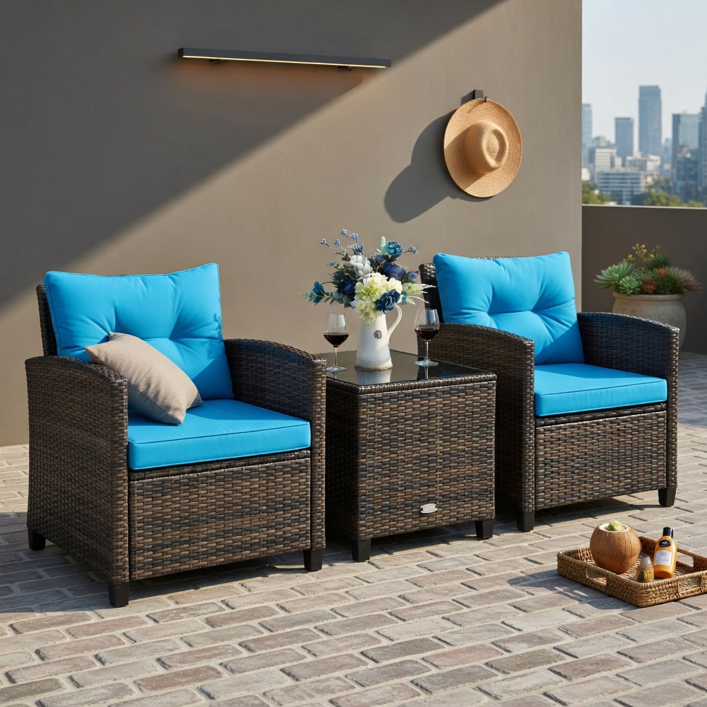 Hommoo 3-Piece Outdoor Rattan Patio Furniture Set with Cushions, Wicker Sofa & Coffee Table for Garden, Poolside, or Deck, Turquoise