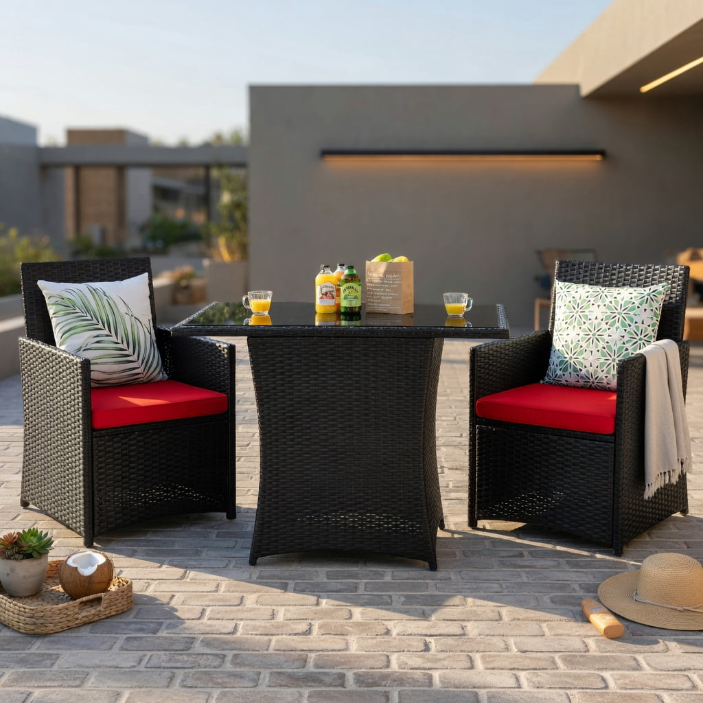 Hommoo 3-Piece Outdoor Rattan Patio Furniture Set with Red Cushions, Tempered Glass Table & Ergonomic Armchairs for Balcony, Porch, and Garden, Red