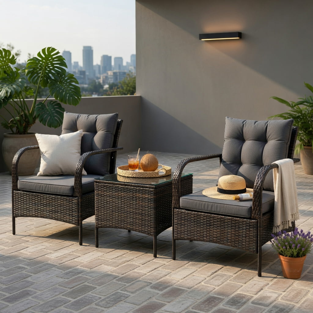 Hommoo 3-Piece Outdoor Rattan Patio Furniture Set with Tempered Glass Coffee Table & Weather-Resistant Cushions, Gray