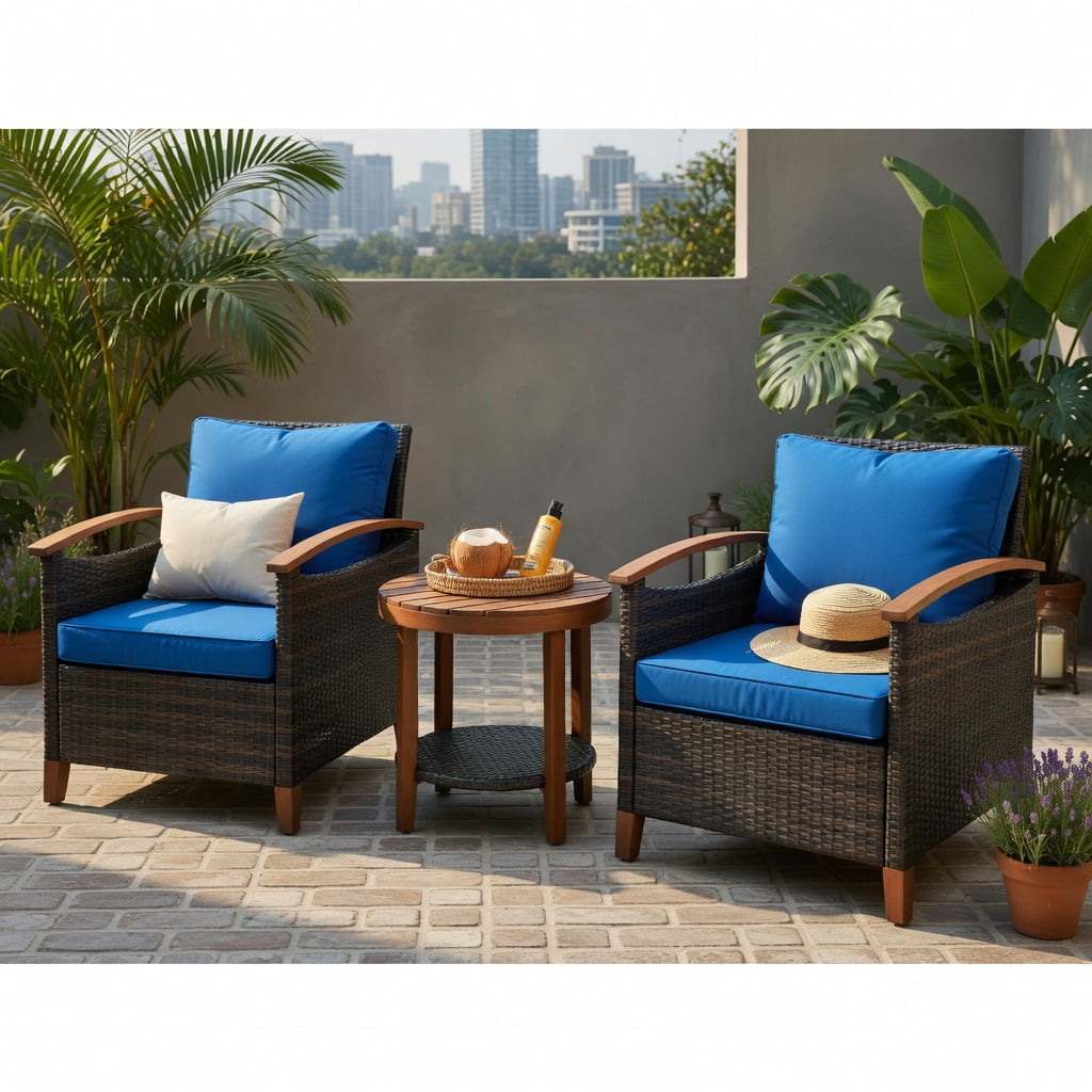 Hommoo 3-Piece Outdoor Rattan Patio Furniture Set with Washable Blue Cushions, Acacia Wood Coffee Table, Blue