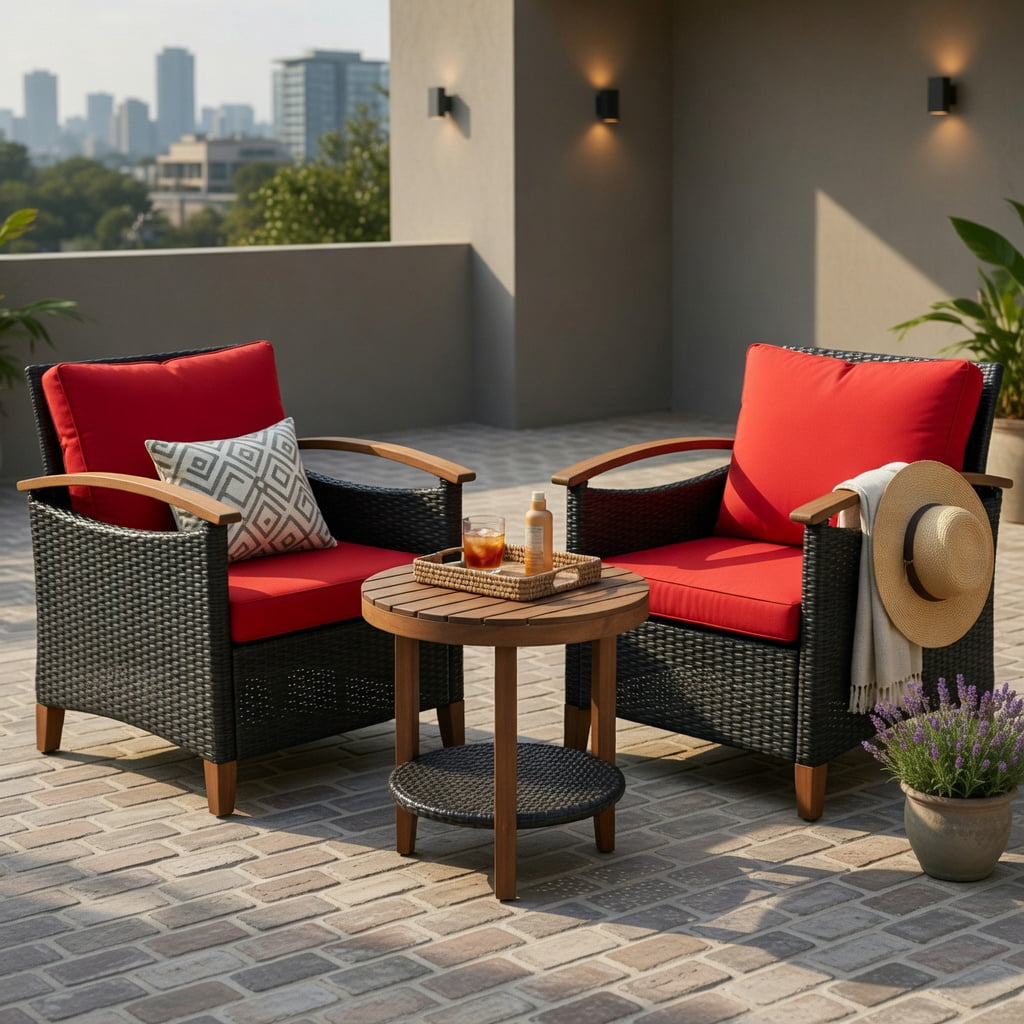 Hommoo 3-Piece Outdoor Rattan Patio Furniture Set with Washable Cushions & Acacia Wood Table, Red
