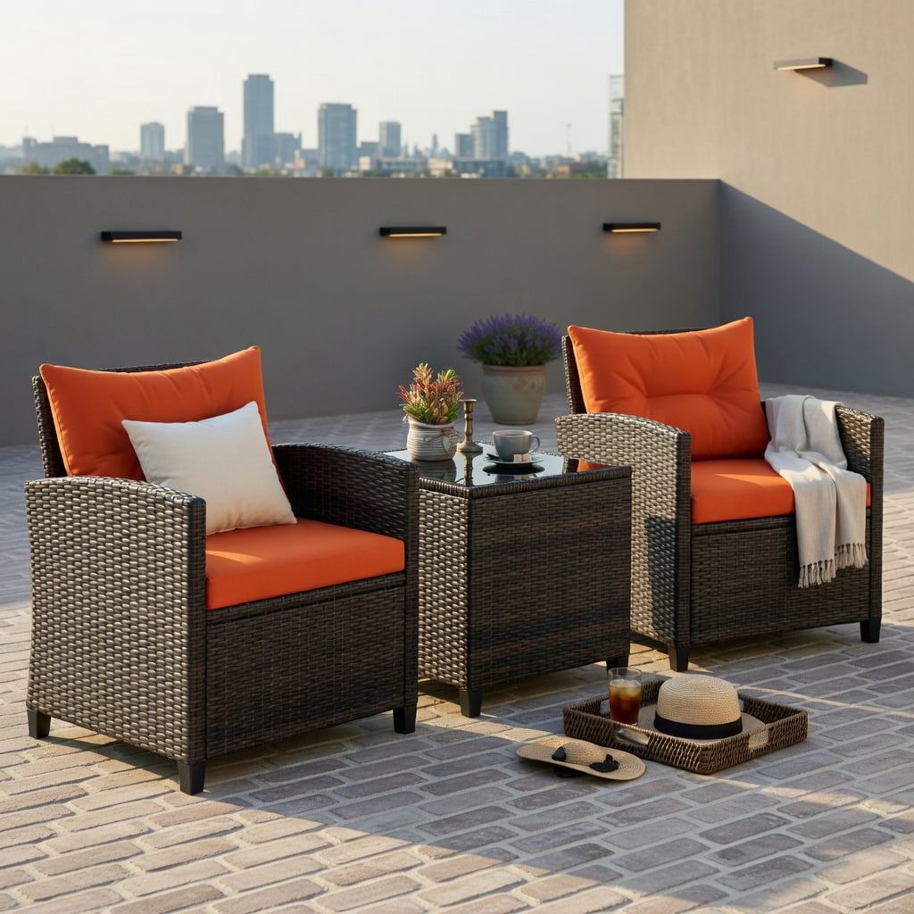 Hommoo 3-Piece Outdoor Rattan Patio Furniture Set with Washable Cushions, Orange