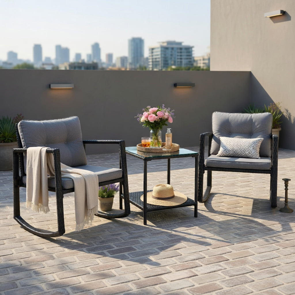 Hommoo 3-Piece Outdoor Rattan Patio Set with Rocking Chairs & Tempered Glass Table, Gray