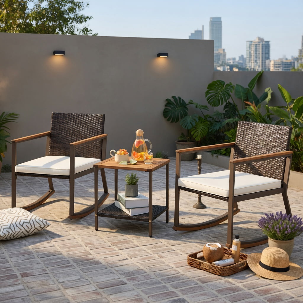Hommoo 3-Piece Outdoor Rattan Rocking Bistro Set, 2 Rocking Chairs + Coffee Table with Cushions, PE Rattan & Acacia Wood, Weather-Resistant Patio Furniture, White