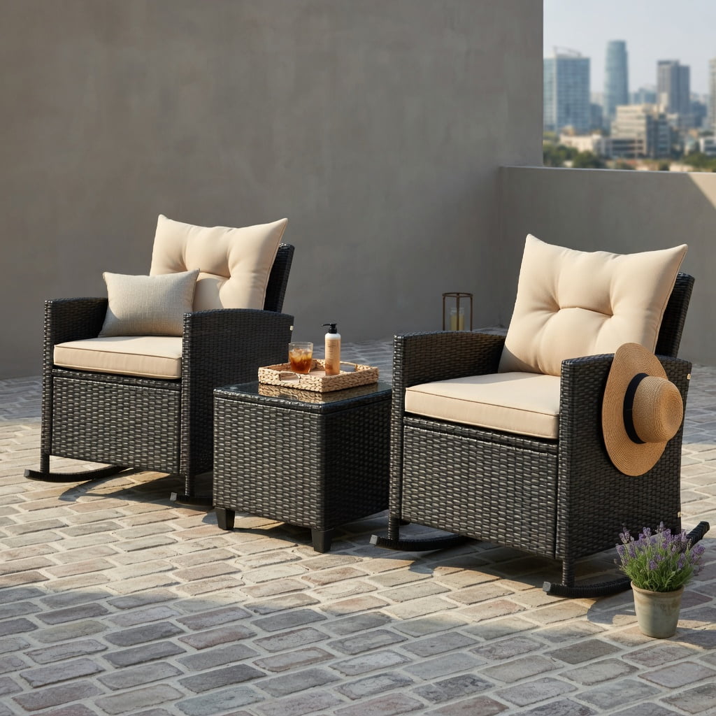 Hommoo 3-Piece Outdoor Rattan Rocking Chair Set with Tempered Glass Coffee Table & Removable Cushions, Weather-Resistant PE Wicker Patio Furniture for Backyard, Poolside & Porch, Brown