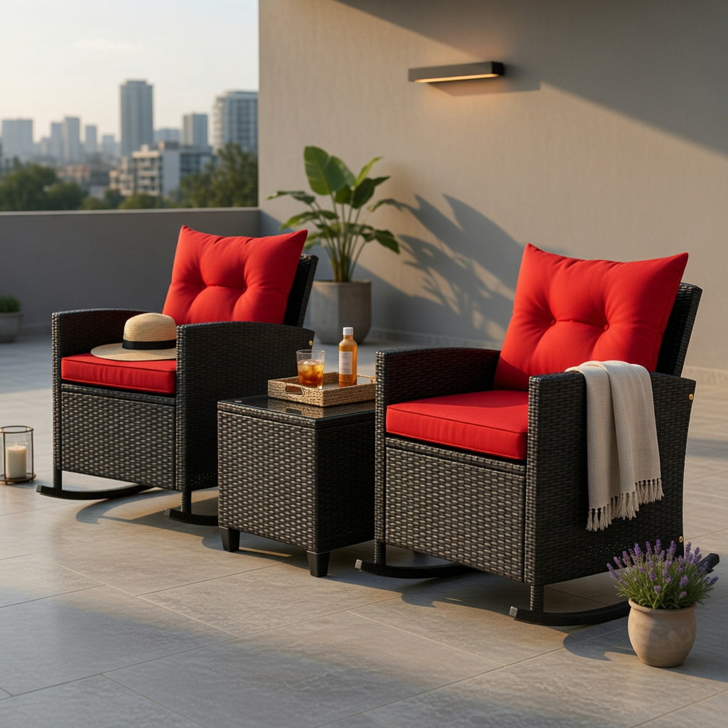 Hommoo 3-Piece Outdoor Rattan Rocking Chair Set with Tempered Glass Coffee Table & Removable Cushions, Red