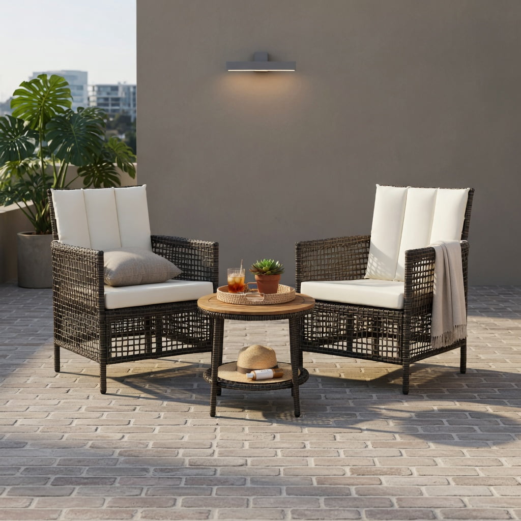Hommoo 3-Piece Outdoor Rattan Rocking Chair Set with Tempered Glass Table, All-Weather PE Wicker Patio Furniture for Backyard, Poolside & Deck, Gray