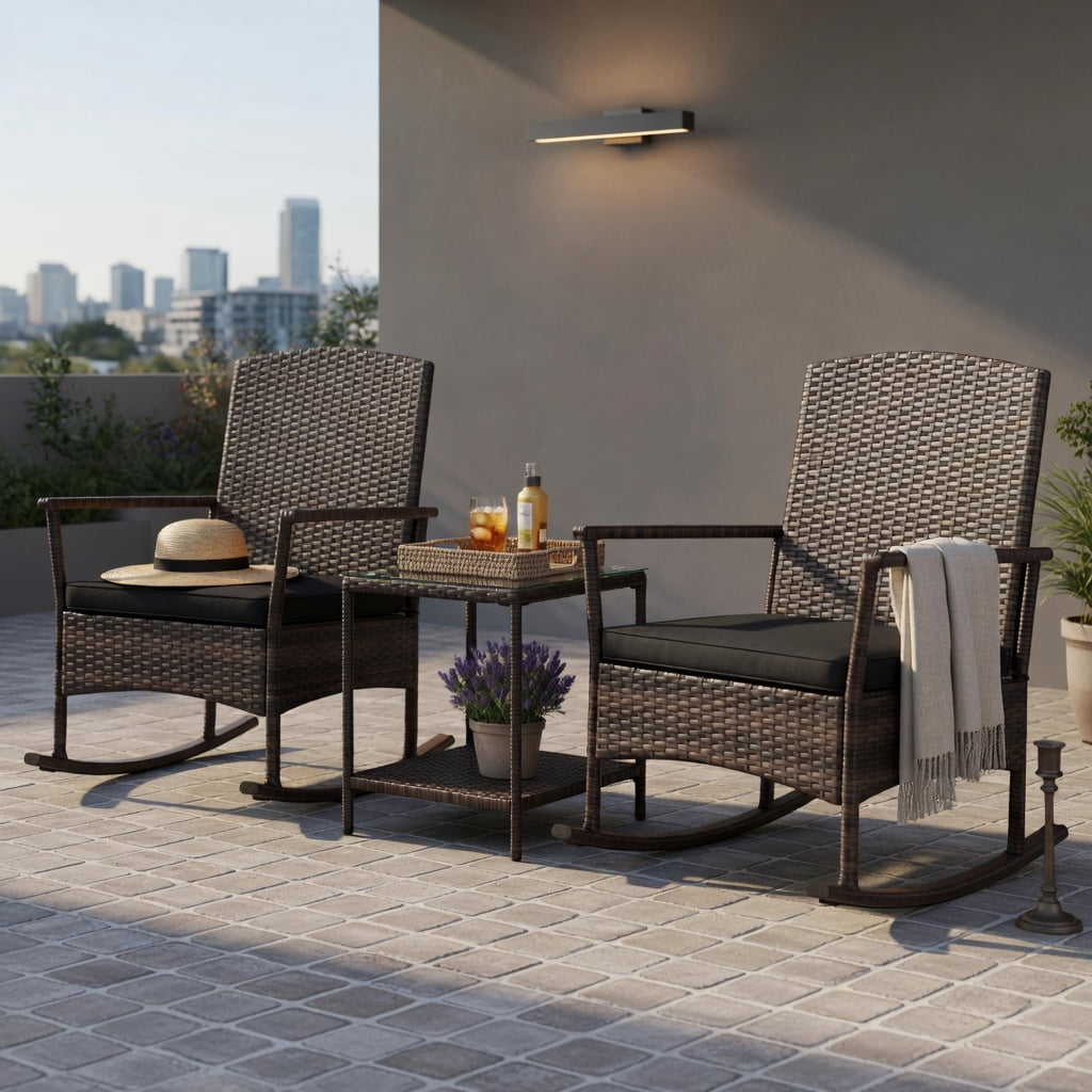 Hommoo 3-Piece Outdoor Rocking Bistro Set, PE Rattan Rocker Chairs + 2-Tier Tempered Glass Coffee Table, Black