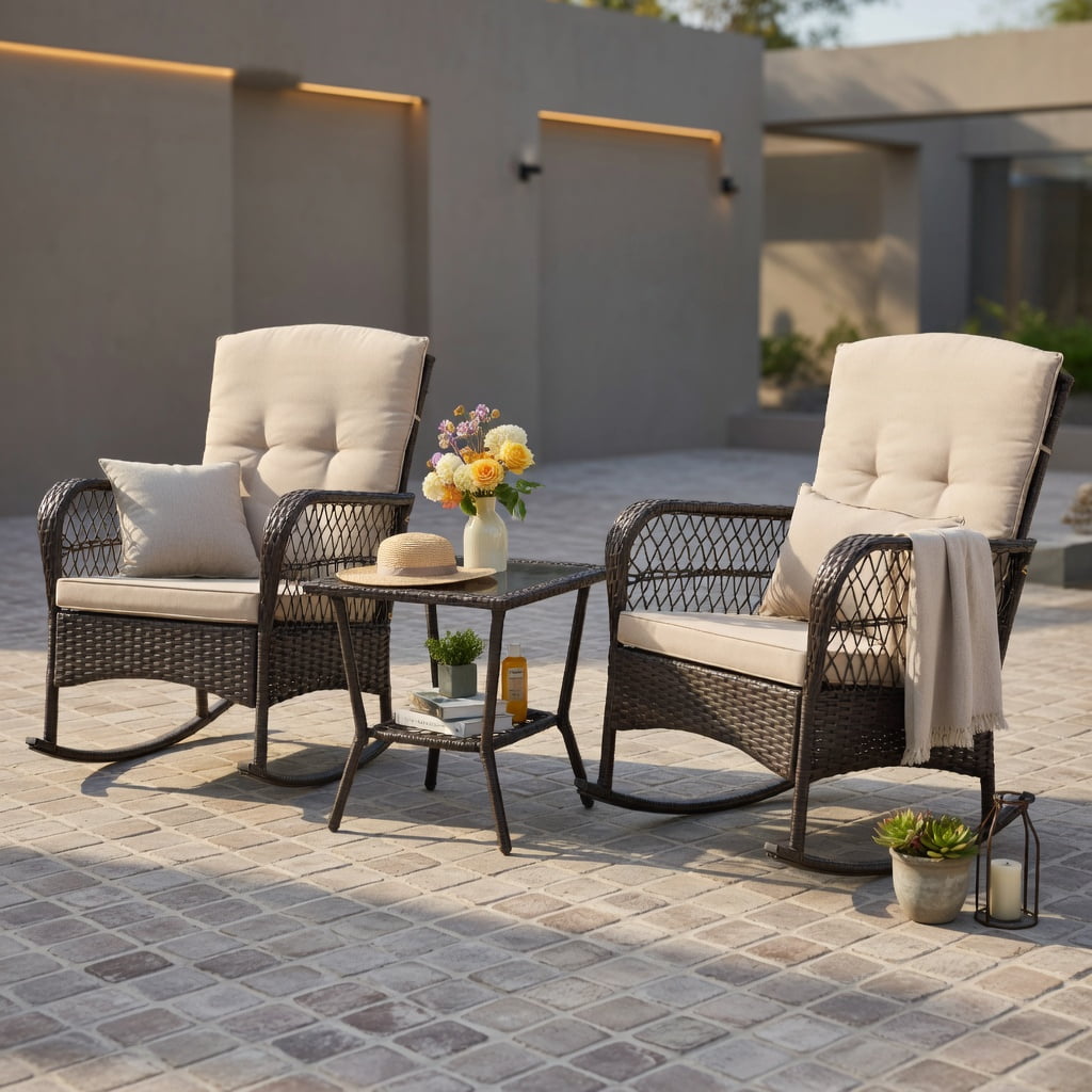 Hommoo 3-Piece Outdoor Rocking Bistro Set with 2-Tier Tempered Glass Coffee Table, PE Rattan, Brown