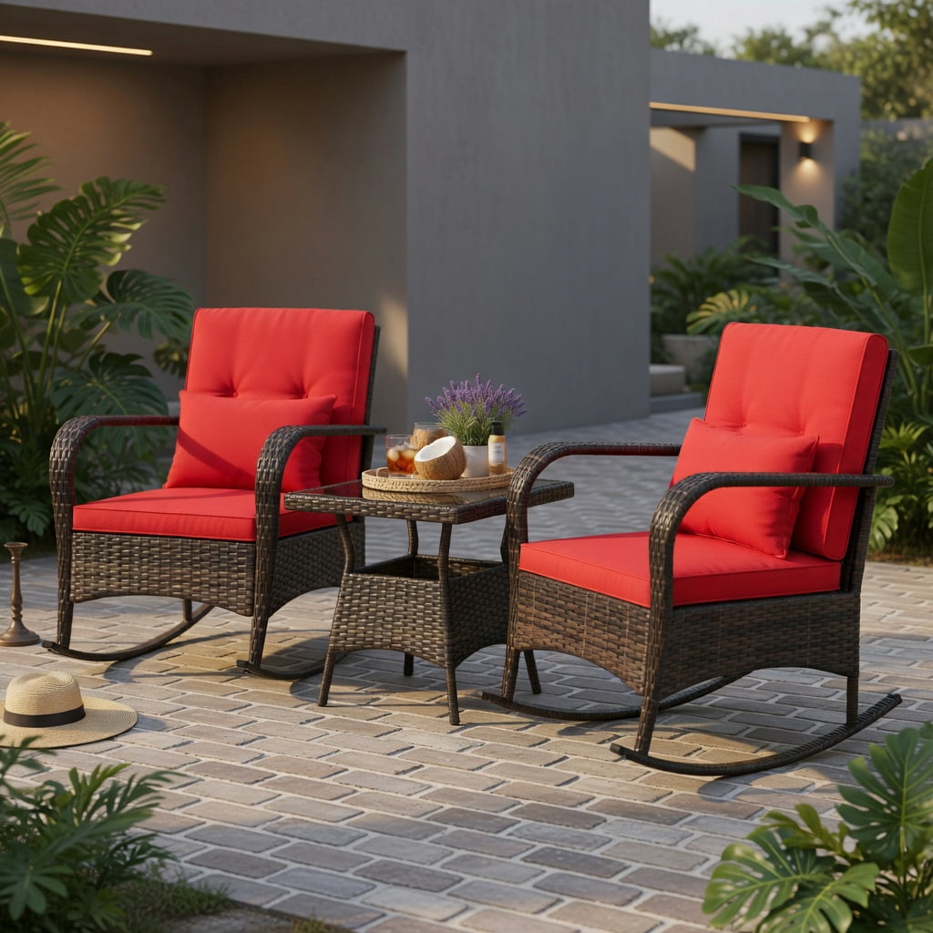 Hommoo 3-Piece Outdoor Rocking Chair Set with Tempered Glass Coffee Table, PE Rattan & Metal Frame for Backyard, Patio, Poolside, Red