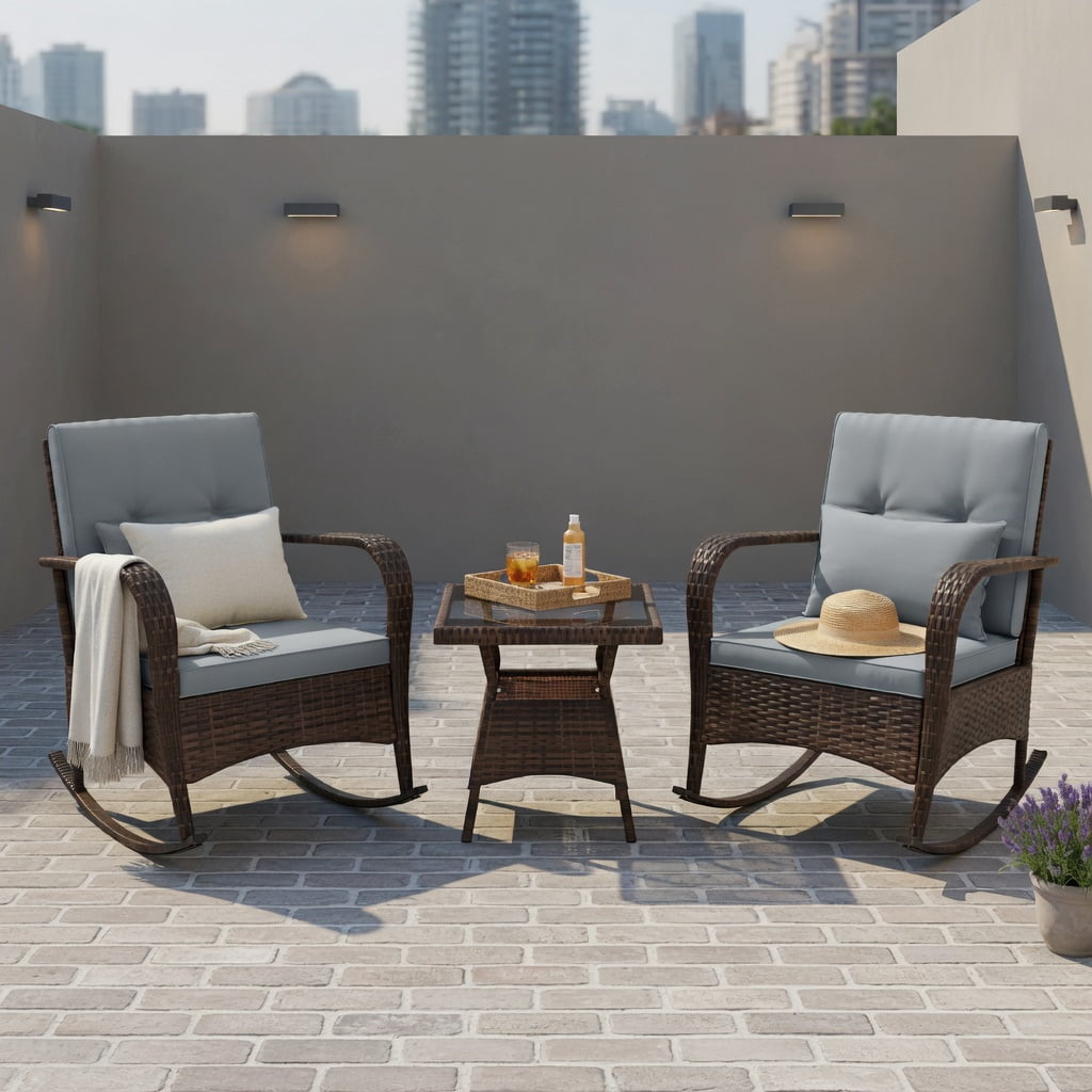 Hommoo 3-Piece Outdoor Rocking Chair Set with Tempered Glass Coffee Table, PE Rattan Patio Furniture for Backyard, Poolside & Porch, Gray