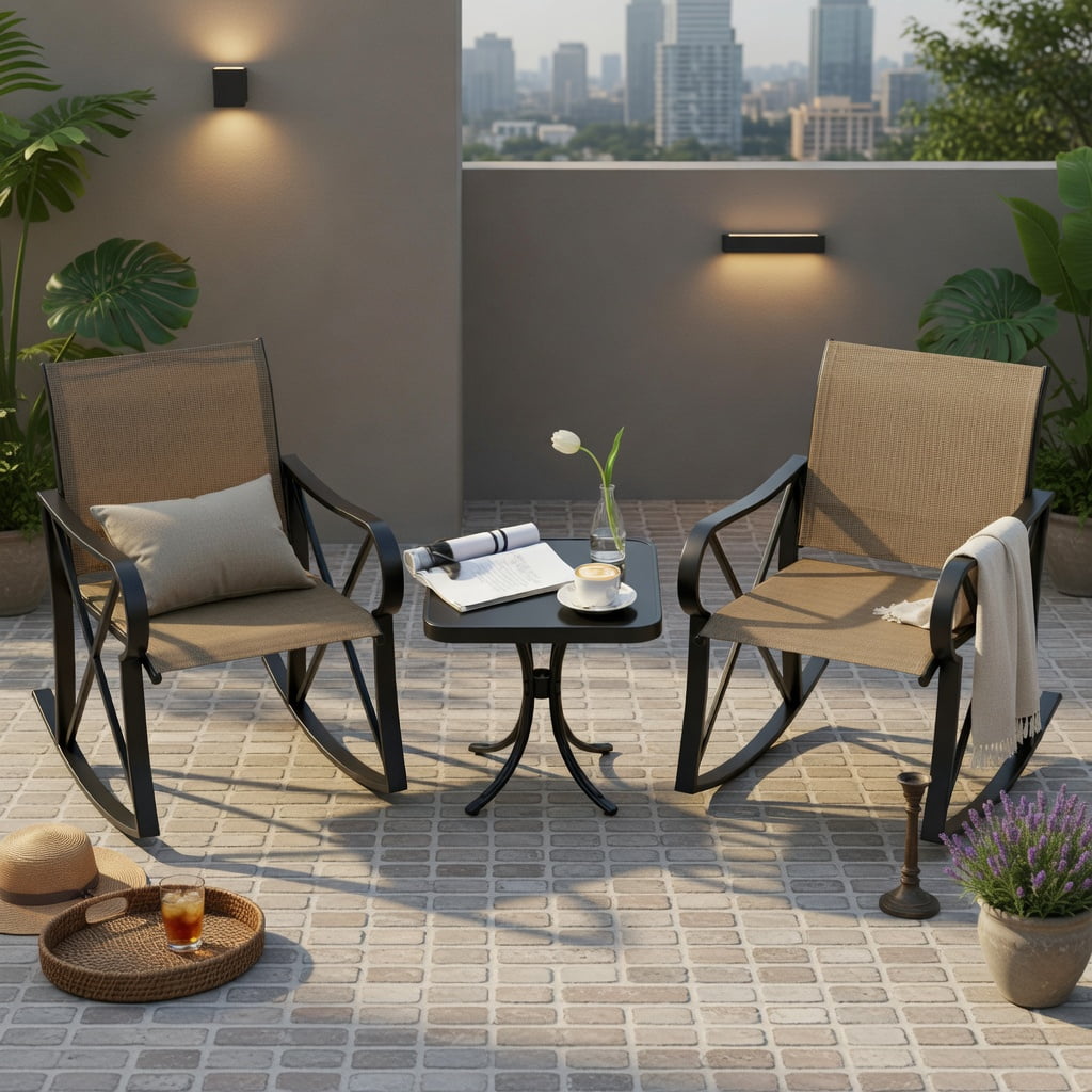 Hommoo 3-Piece Outdoor Rocking Patio Set, Metal Rocker Chairs with Tempered Glass Side Table, Ideal for Backyard, Porch & Balcony, Brown