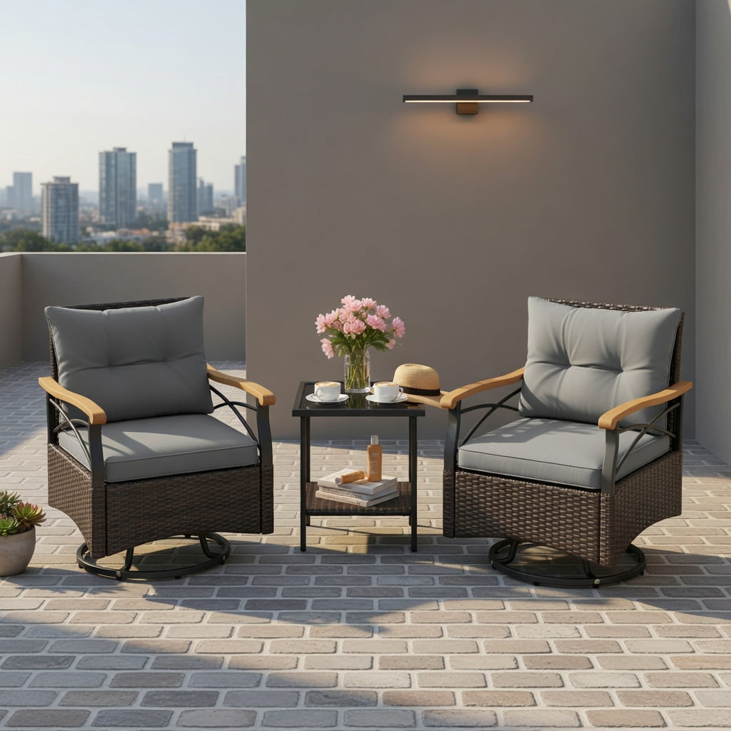 Hommoo 3-Piece Outdoor Swivel Chair Set with Tempered Glass Side Table, Cushions, PE Rattan, Acacia Wood Armrests, Gray