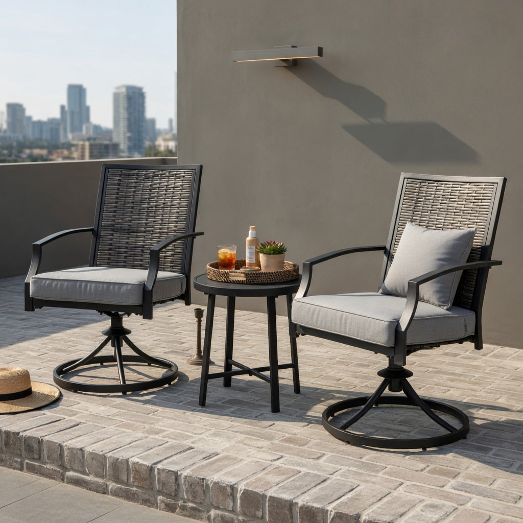 Hommoo 3-Piece Outdoor Swivel Patio Chair Set with Cushions, PE Rattan & Metal Frame, Includes Coffee Table for Backyard, Deck or Garden, Gray