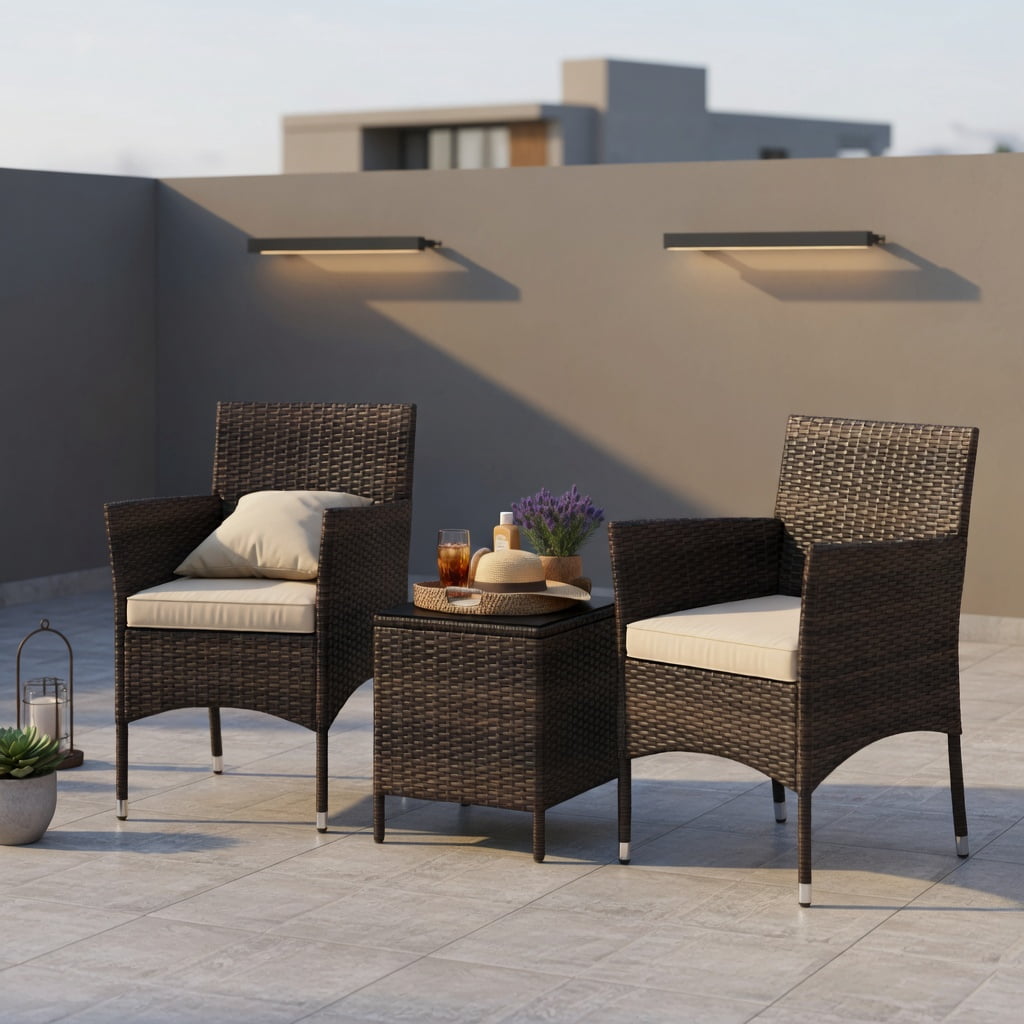 Hommoo 3-Piece Outdoor Wicker Conversation Set, Cushioned Patio Chairs + Tempered Glass Square Coffee Table, PE Rattan, Heavy-Duty Metal Frame, Brown