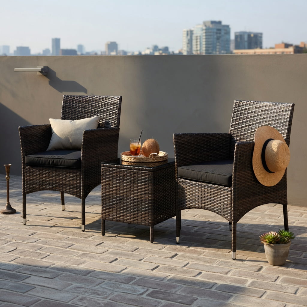 Hommoo 3-Piece Outdoor Wicker Conversation Set, Metal Frame, Tempered Glass Coffee Table & Ergonomic Rattan Chairs for Patio, Backyard, Poolside, Black