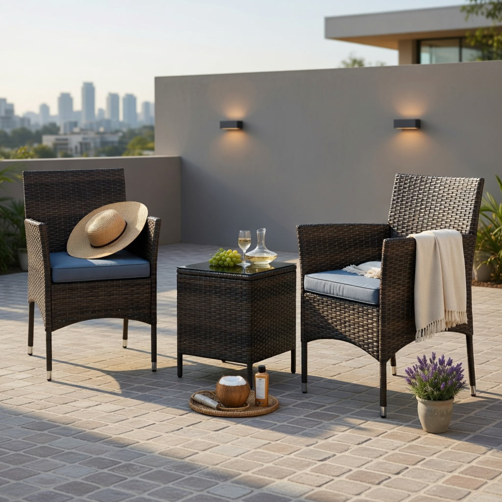 Hommoo 3-Piece Outdoor Wicker Conversation Set, PE Rattan Chairs with Cushions & Tempered Glass Square Coffee Table for Patio, Backyard, Poolside, Gray