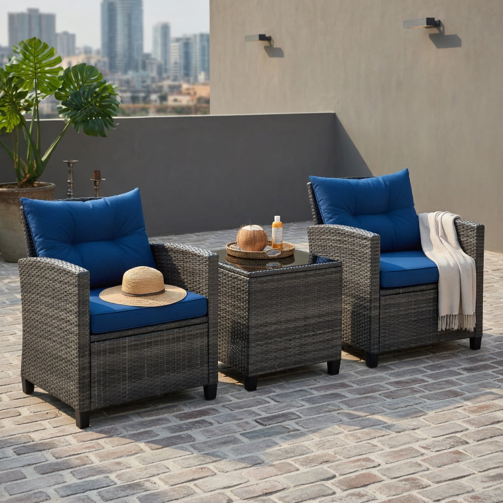 Hommoo 3-Piece Outdoor Wicker Conversation Set, PE Rattan Sofa Set with Tempered Glass Coffee Table, Weather-Resistant Patio Furniture for Backyard, Poolside & Garden, Navy