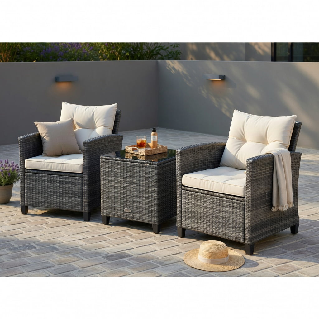 Hommoo 3-Piece Outdoor Wicker Conversation Set, PE Rattan Sofa & Tempered Glass Coffee Table with Weather-Resistant Cushions, White