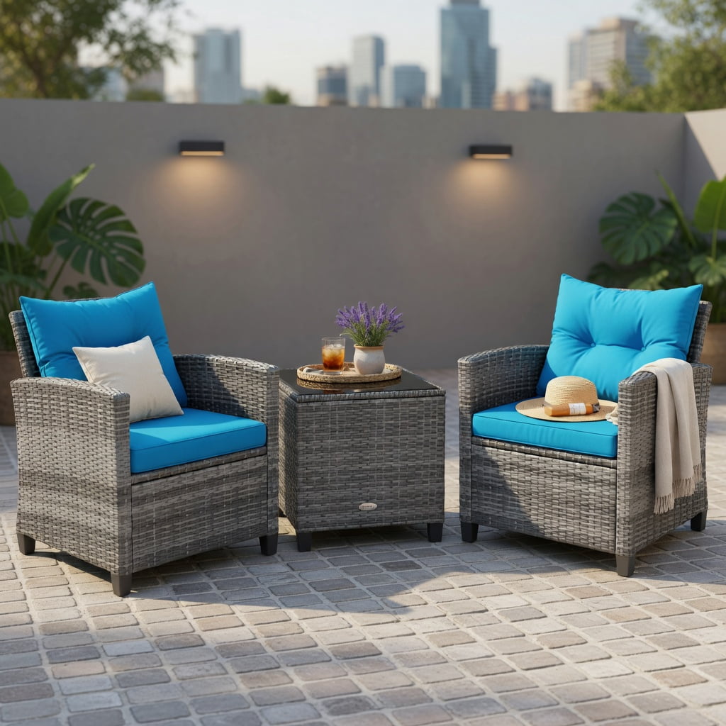 Hommoo 3-Piece Outdoor Wicker Conversation Set, Tempered Glass Coffee Table & 2 Armchairs with Removable Cushions, PE Rattan & Steel Frame, Turquoise