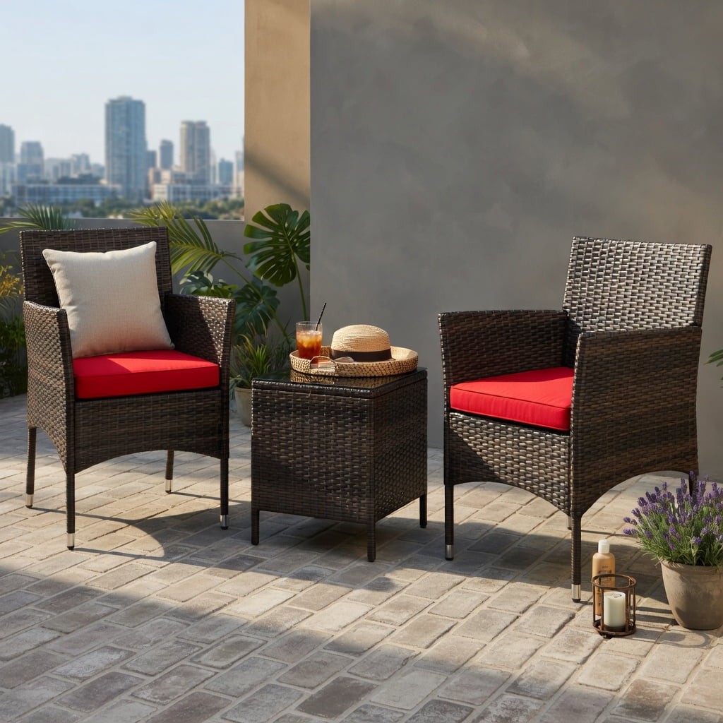 Hommoo 3-Piece Outdoor Wicker Conversation Set, Tempered Glass Coffee Table, PE Rattan & Metal Frame, Weather-Resistant Patio Seating for Backyard, Poolside & Porch, Red