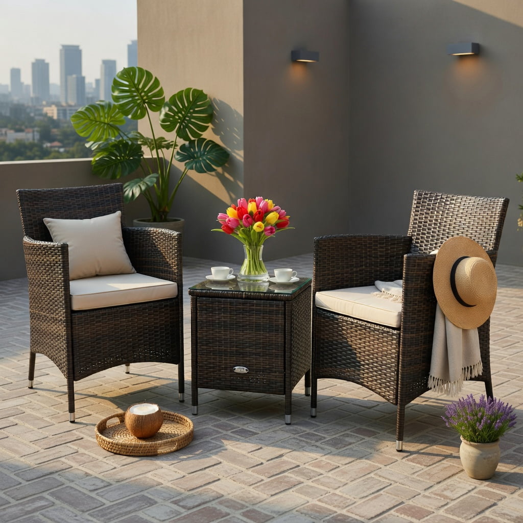 Hommoo 3-Piece Outdoor Wicker Furniture Set, PE Rattan Chairs with Cushions + Tempered Glass Coffee Table for Patio, Garden & Backyard, Brown