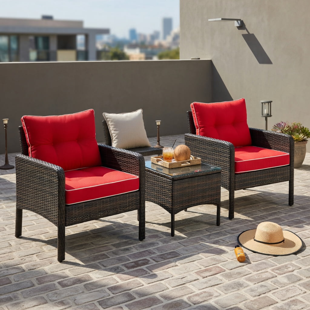 Hommoo 3-Piece Outdoor Wicker Patio Conversation Set, PE Rattan Chairs + Coffee Table with Removable Cushions, Red