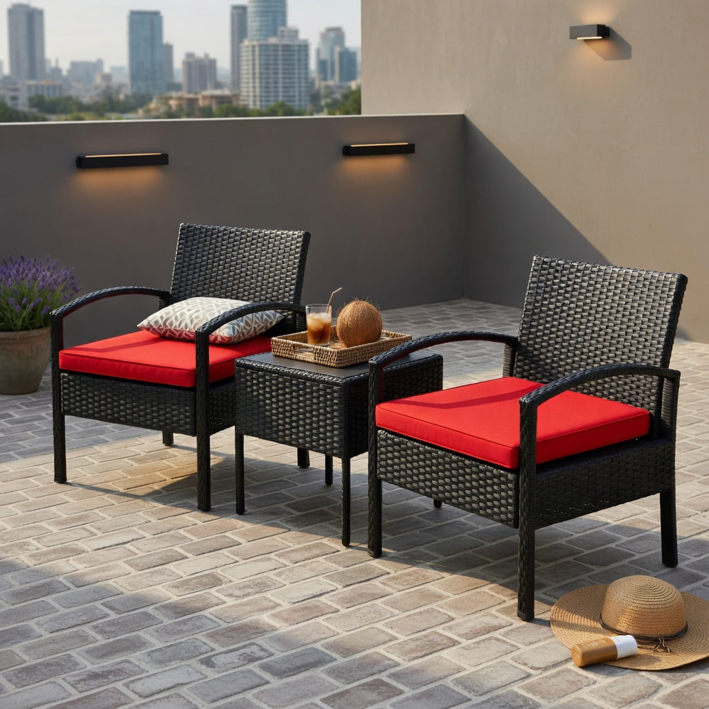 Hommoo 3-Piece Outdoor Wicker Patio Conversation Set, Rattan Chairs + Red Cushions + Tempered Glass Table for Backyard, Balcony & Poolside, Red