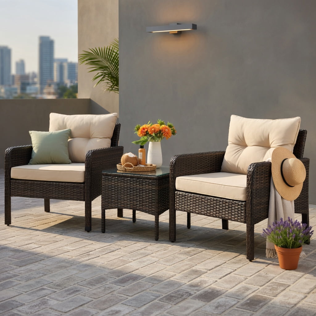 Hommoo 3-Piece Outdoor Wicker Patio Conversation Set with Plush Seat & Back Cushions, PE Rattan Chairs + Tempered Glass Coffee Table, Brown