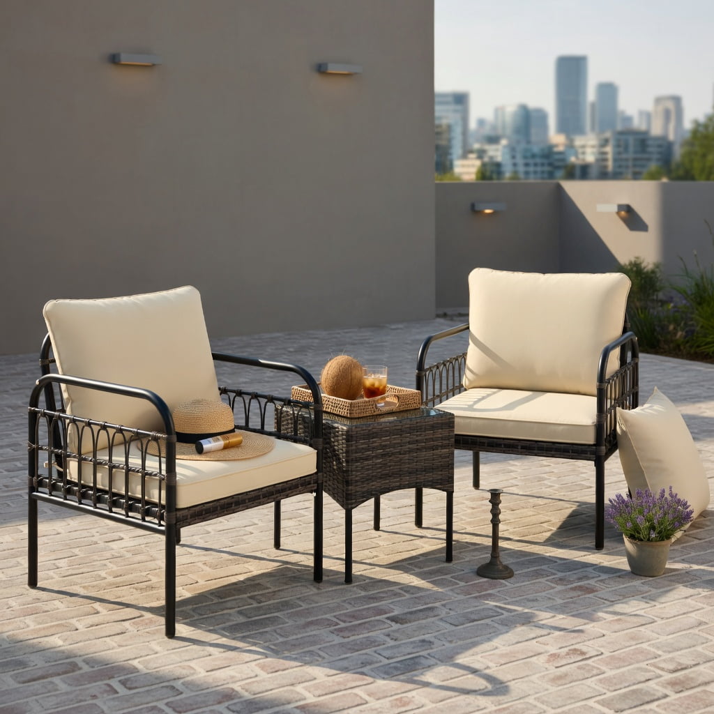 Hommoo 3-Piece Outdoor Wicker Patio Conversation Set with Tempered Glass Coffee Table, Cushioned Chairs & Rust-Resistant Metal Frame, Brown