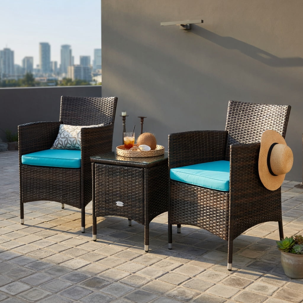 Hommoo 3-Piece Outdoor Wicker Patio Furniture Set with Cushions, PE Rattan Chairs & Tempered Glass Coffee Table for Backyard, Poolside, or Garden, Turquoise