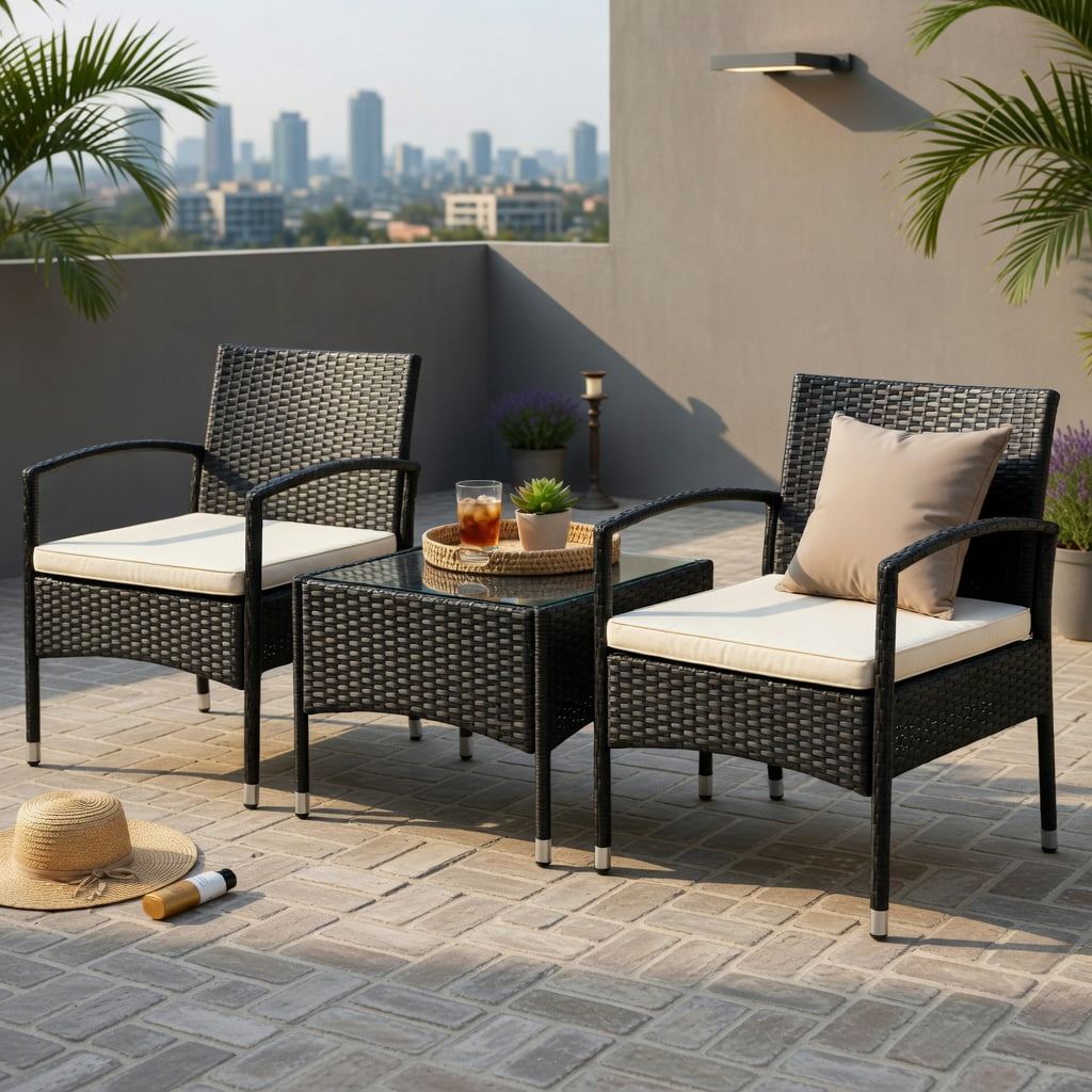 Hommoo 3-Piece Outdoor Wicker Patio Furniture Set, PE Rattan Chairs with Thick Cushions + Tempered Glass Coffee Table, Weather-Resistant for Backyard, Garden & Patio, White