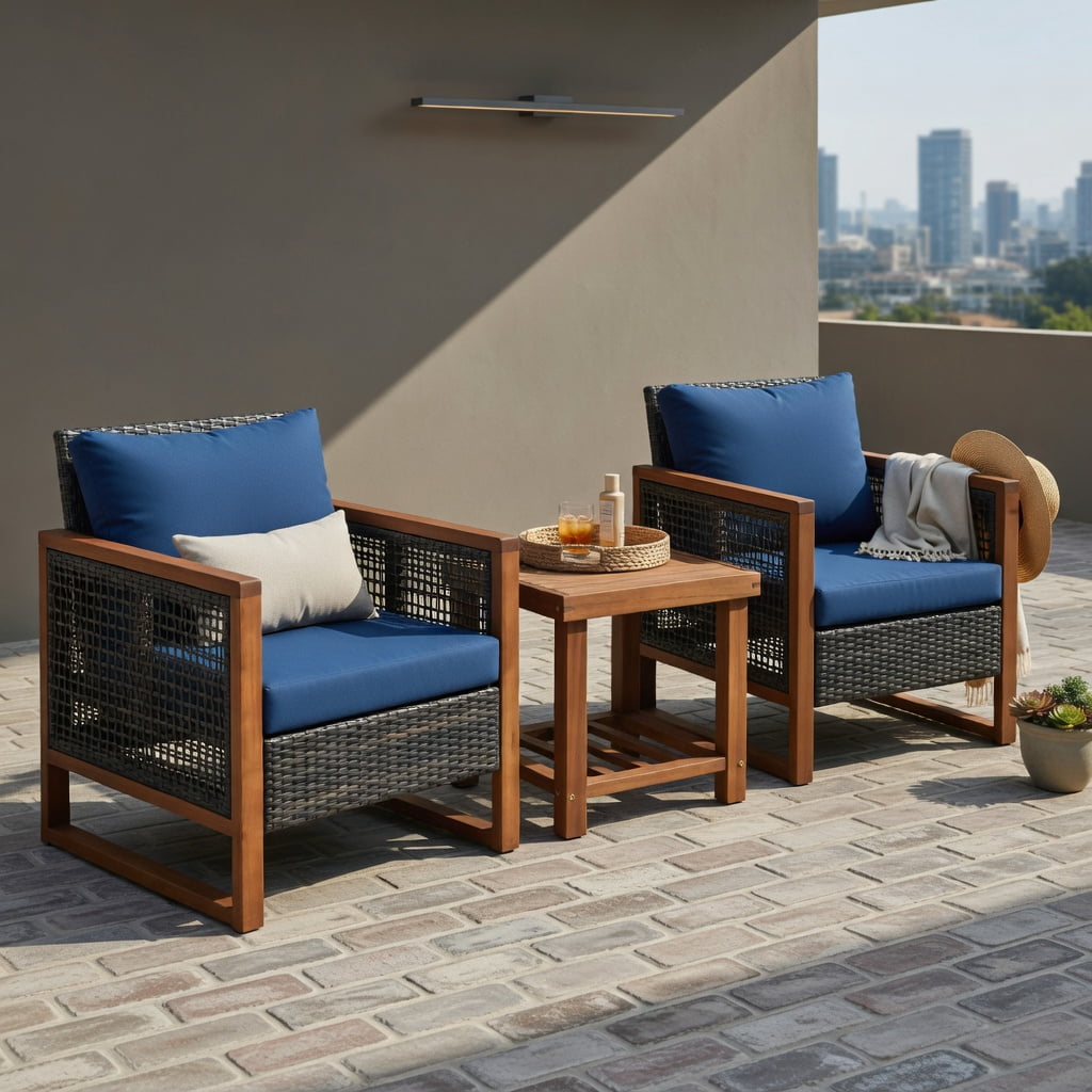Hommoo 3-Piece Outdoor Wicker Patio Furniture Set, Rattan Sofa & Acacia Wood Coffee Table with Washable Cushions, Navy