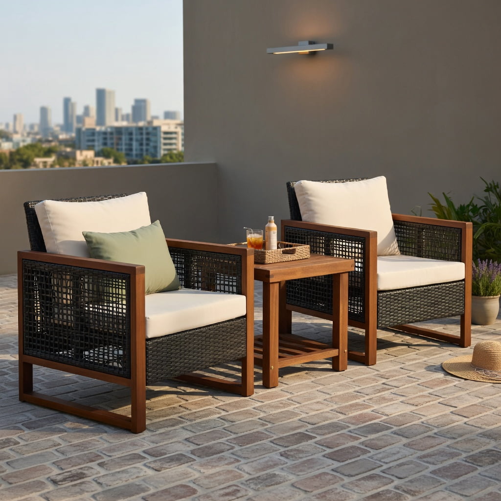 Hommoo 3-Piece Outdoor Wicker Patio Furniture Set with Washable Cushions, Acacia Wood Coffee Table, Modern Backyard Seating for Balcony, Garden & Deck, Beige