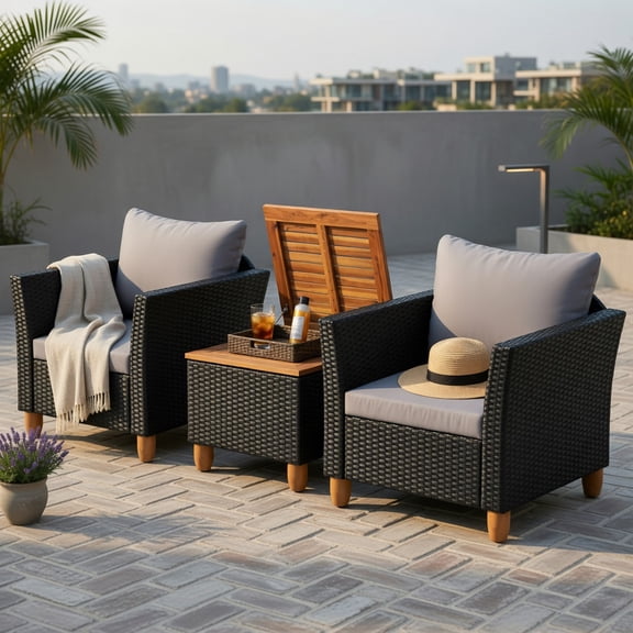Hommoo 3-Piece Outdoor Wicker Patio Furniture Set with Gray Cushions & Solid Acacia Wood Coffee Table, Gray
