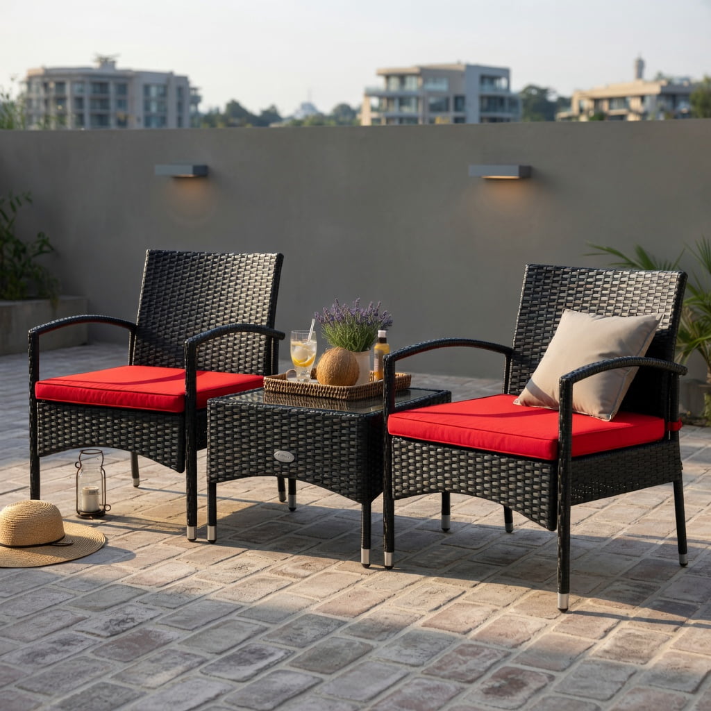 Hommoo 3-Piece Outdoor Wicker Patio Furniture Set with Weather-Resistant Cushions, Rattan Chairs & Table for Backyard, Garden, Patio, Red