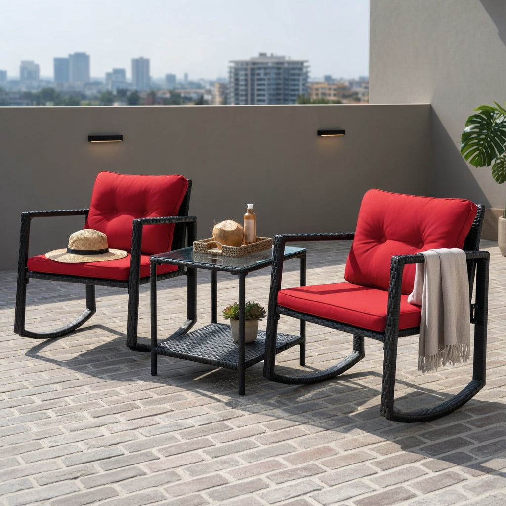 Hommoo 3-Piece Outdoor Wicker Rocking Bistro Set with Tempered Glass Coffee Table & Storage Shelf, Red