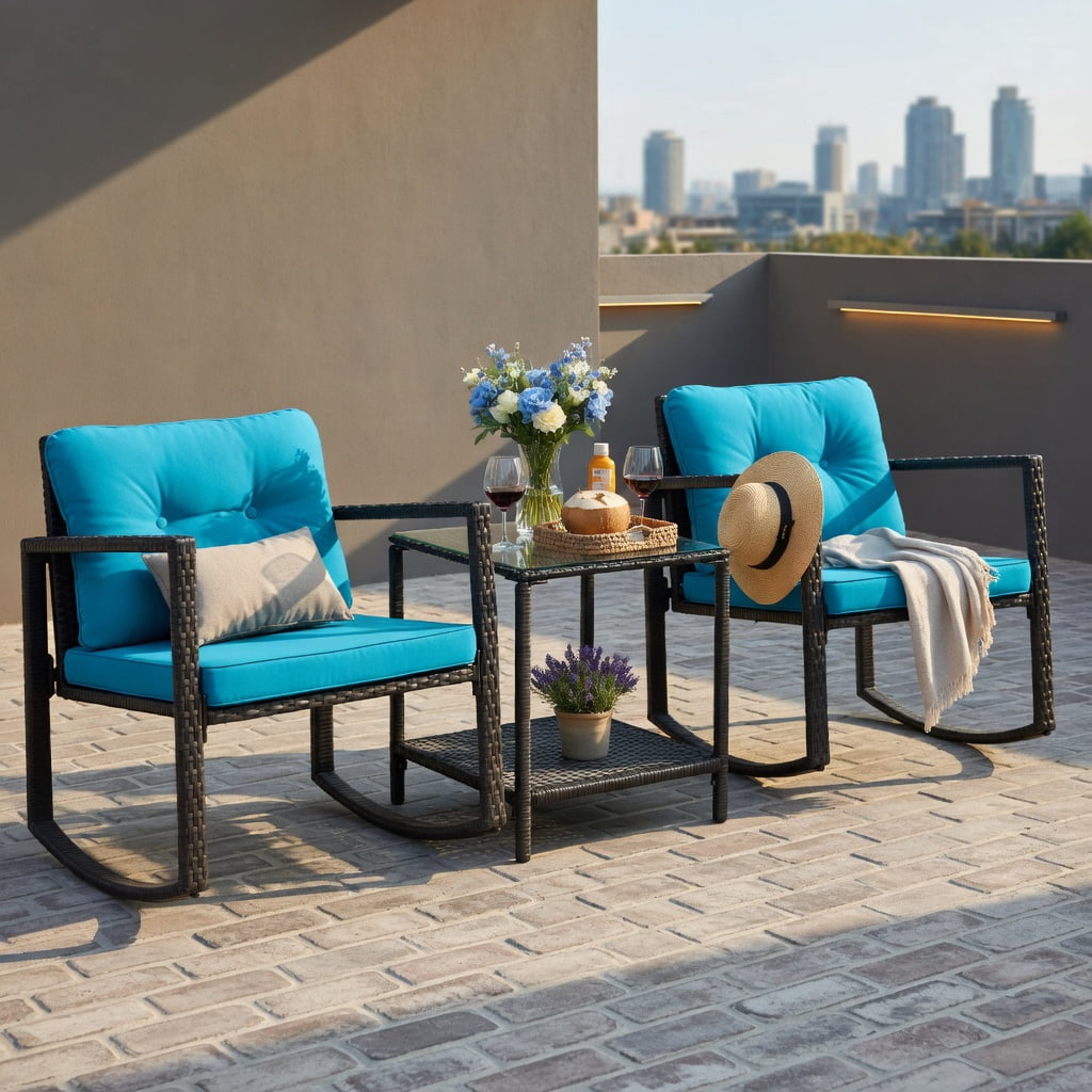 Hommoo 3-Piece Outdoor Wicker Rocking Bistro Set with Tempered Glass Coffee Table & Storage Shelf, Turquoise