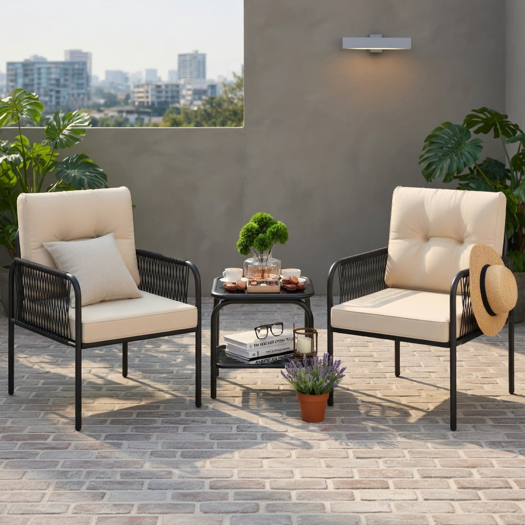 Hommoo 3-Piece PE Rattan Outdoor Bistro Set, Cushions, Black Wicker, Tempered Glass Coffee Table for Patio, Yard & Poolside, Beige