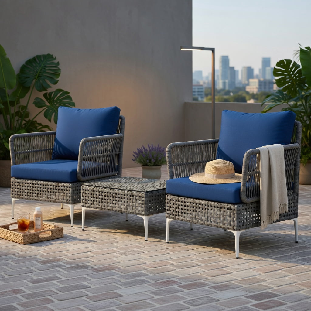 Hommoo 3-Piece PE Rattan Outdoor Conversation Set with Tempered Glass Coffee Table, Patio, Porch & Balcony Seating, Navy
