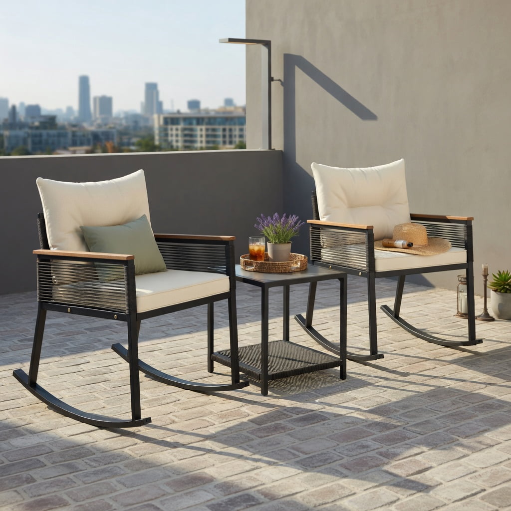 Hommoo 3-Piece PE Rattan Outdoor Rocking Bistro Set with Cushions, Tempered Glass 2-Tier Coffee Table & Acacia Wood Armrests for Patio, Porch, or Garden, Black