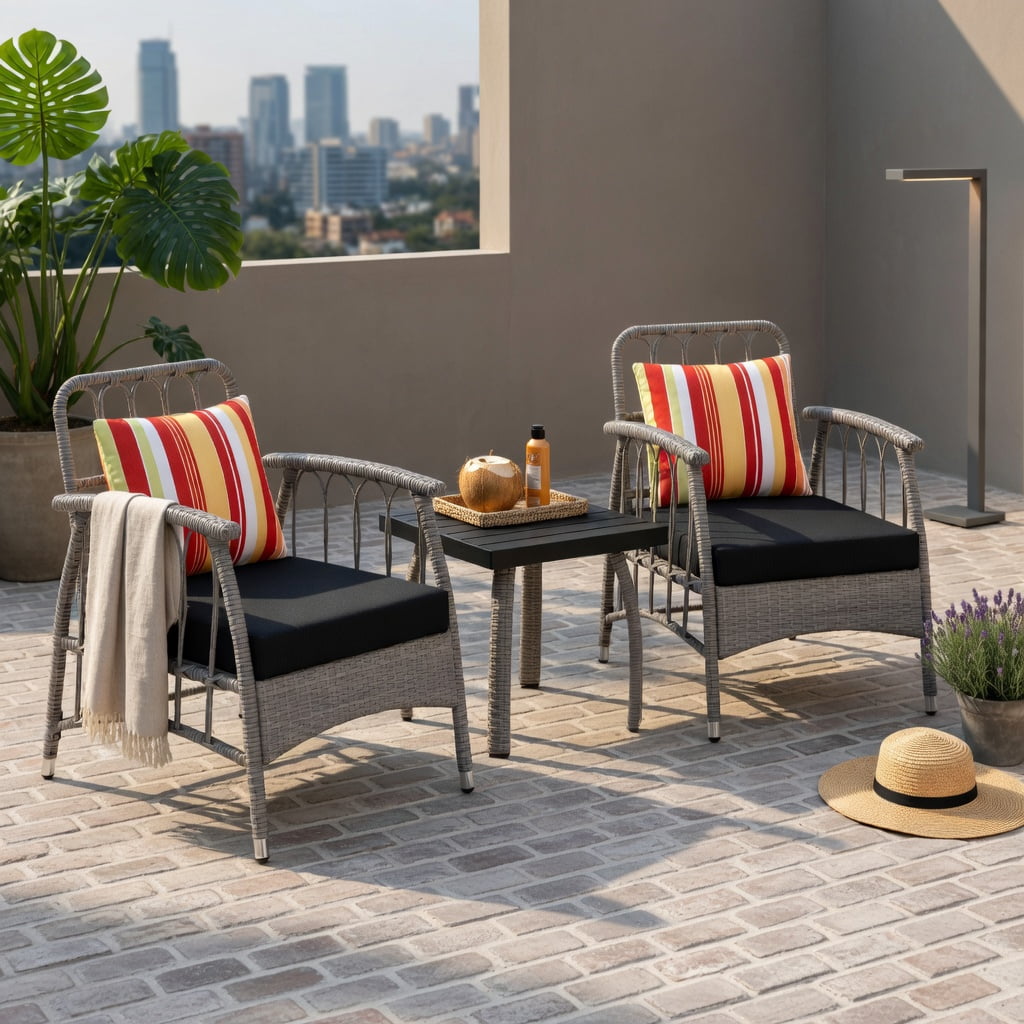 Hommoo 3-Piece PE Wicker Patio Furniture Set, Outdoor Chairs with 5-Position Adjustable Backrest & Square Coffee Table, All-Weather Garden Seating for Porch, Balcony, Backyard, Gray