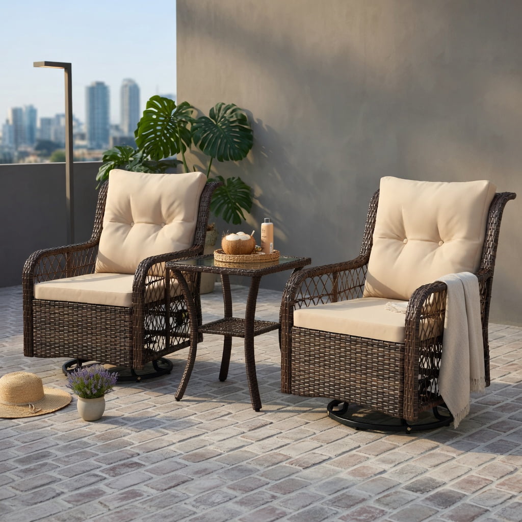 Hommoo 3-Piece PE Wicker Patio Furniture Set, Swivel Glider Chairs with 2-Tier Tempered Glass Side Table & All-Weather Cushions, Rattan Outdoor Seating for Porch, Backyard, Garden, Brown