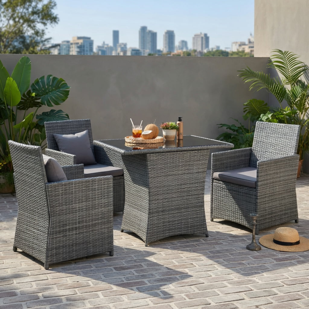 Hommoo 3-Piece Patio Rattan Furniture Set, Steel Frame Outdoor Sofa & Table with Washable Cushions for Balcony, Porch, Garden, Gray