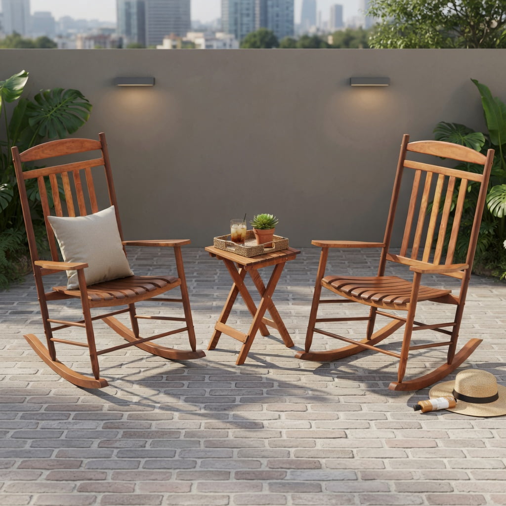 Hommoo 3-Piece Poplar Wood Outdoor Rocking Bistro Set, Foldable Table & Two High-Back Rockers for Patio, Porch, Balcony & Garden, Brown