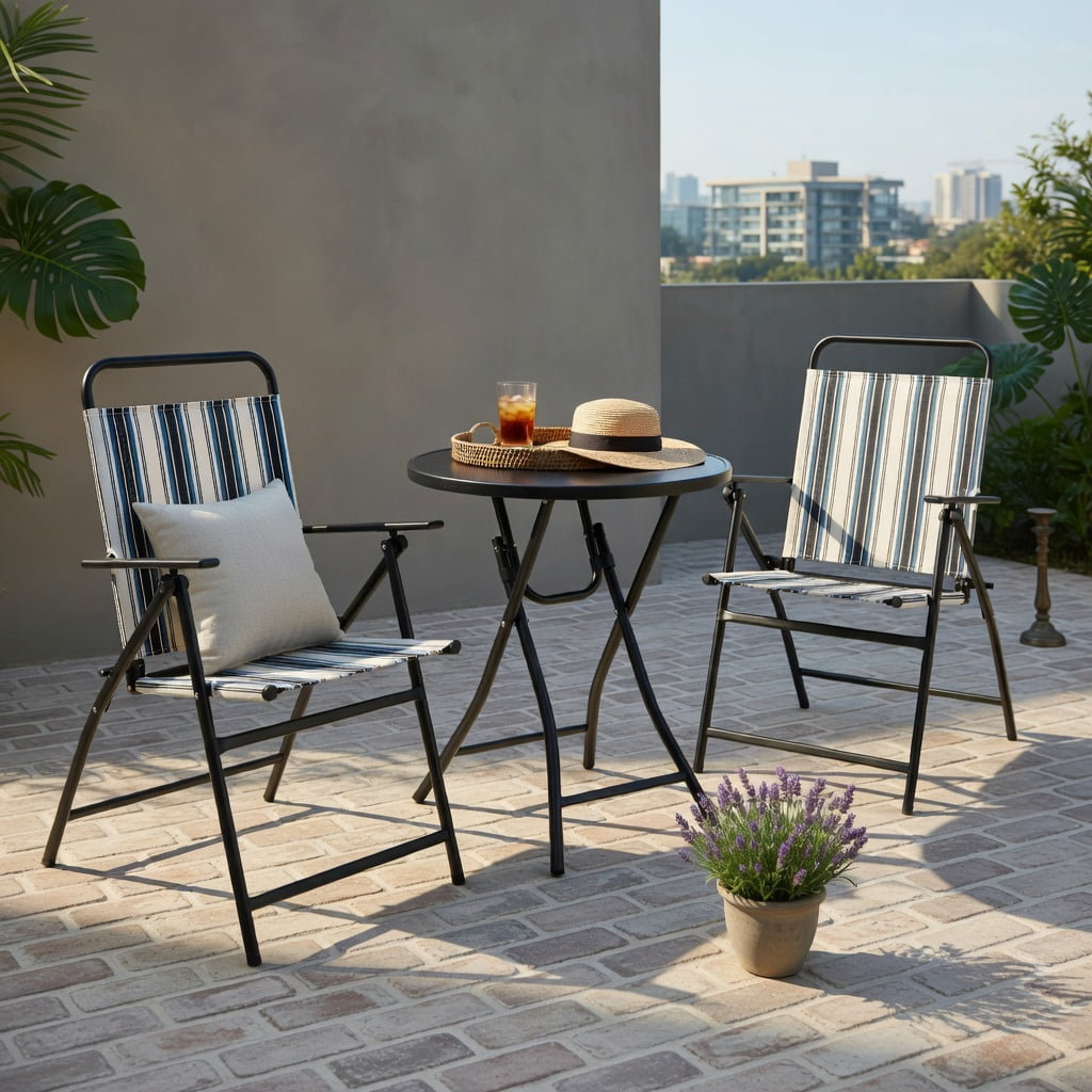 Hommoo 3-Piece Portable Outdoor Folding Chair & Round Table Set, Metal Frame, Breathable Fabric Seats, Easy-Fold for Backyard, Poolside & Balcony, Blue