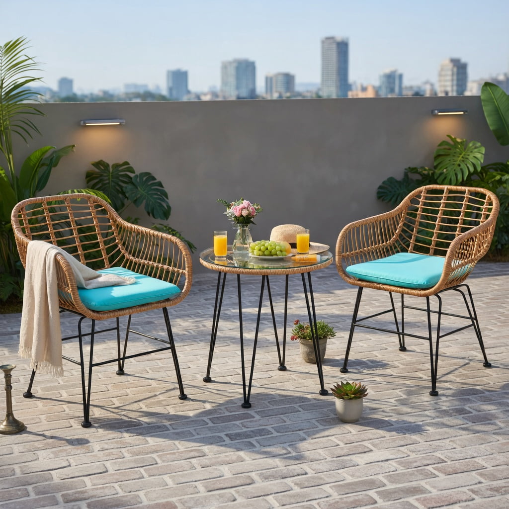 Hommoo 3-Piece Rattan Outdoor Furniture Set, 2 Cushioned Chairs + Tempered Glass Coffee Table, Turquoise