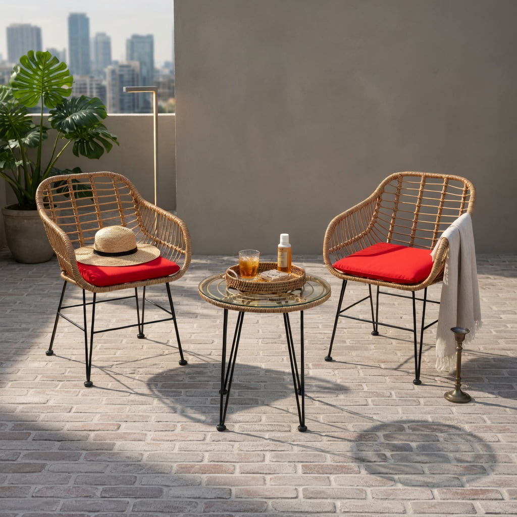 Hommoo 3-Piece Rattan Outdoor Furniture Set, 2 Cushioned Chairs + Tempered Glass Coffee Table, Weather-Resistant, Indoor/Outdoor Use, Red