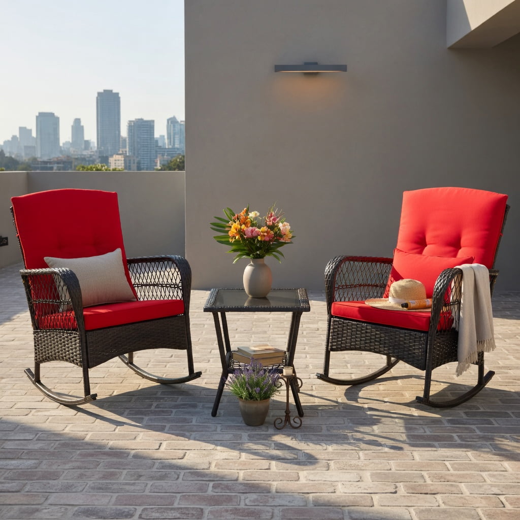 Hommoo 3-Piece Rocking Bistro Set with 2-Tier Tempered Glass Coffee Table, PE Rattan Outdoor Chairs, Red